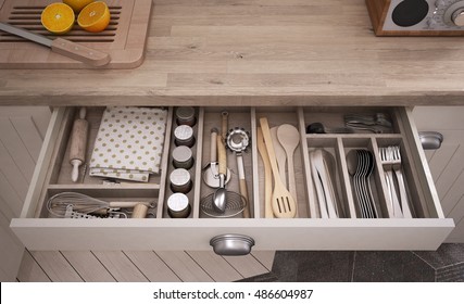 Kitchen Tools In Drawer, 3d Illustration