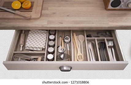 Kitchen tools in an open drawer, wooden kitchen, isolated on transparent background, cook concept idea, mock-up with copy space, modern interior design, 3d illustration