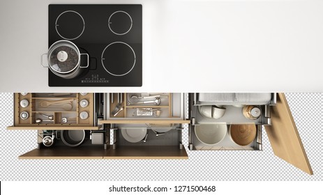 Kitchen tools in open drawers, white and wooden kitchen with stove, top view isolated on transparent background, cook concept idea, mock-up with copy space, modern interior design, 3d illustration