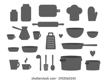 Kitchen Tools Silhouette Set. Kitchenware Collection Isolated On A White Background. Grey Cooking Tools, Utensils, Cutlery, Pots, Pans, Cups, Bowls. Kitchen Utensil Icon Set In Flat Style.