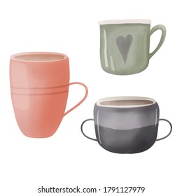 Kitchen utensil, cups or kitchenware design elements. Trendy textures on cartoon kitchen items. Ceramic tableware . Hand drawn colored trendy  illustration. Flat design.