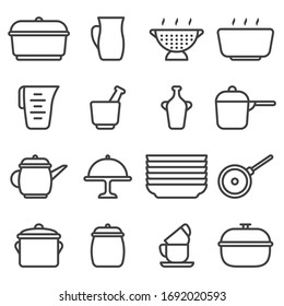 Kitchen utensil icons set. Contains various options for ceramic dishes. Linear minimalist design. Isolated on a white background. - Powered by Shutterstock