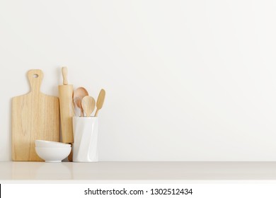 kitchen utensils on white table. 3d rendering