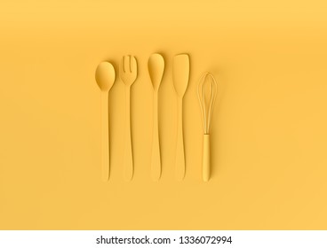 Kitchen utensils set with pastel yellow color. Minimal concept 3d render.
