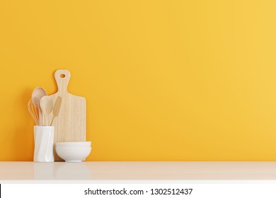 Kitchen Utensils With Yellow Wall On White Table. 3d Rendering