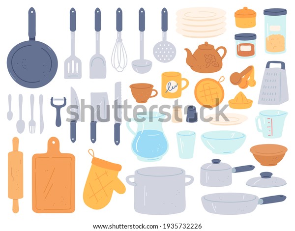 Kitchenware and utensils. Cooking baking kitchen\
tools. Chef cook equipment pan, bowl, kettle and pot, knives and\
cutlery, flat \
set