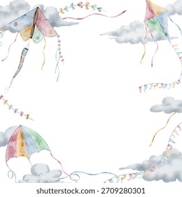 Kite with clouds and tails watercolor rectangular Frame. Illustration of Template with flying Toys for baby shower greeting cards and childish birthday invitations. Art for kids nursery posters.