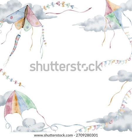 Kite with clouds and tails watercolor rectangular Frame. Illustration of Template with flying Toys for baby shower greeting cards and childish birthday invitations. Art for kids nursery posters.
