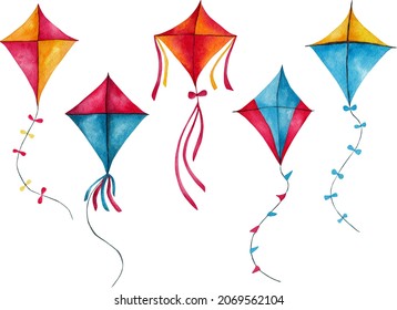 Kite. Watercolor collection. Hand painted on white background