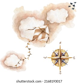 Kite Watercolor Illustration, Clouds. Celestial Navigation, Flight In Vintage Style, Freedom Set, Watercolor Set In Pastel Colors