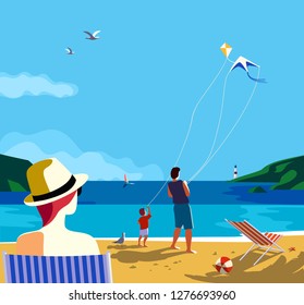 Kiting on sea beach. Family leisure activity on sand seashore travel. Colorful cartoon. Adult father, small boy son enjoy flying kites. Summer vacation tourist trip. Ocean seascape scenic background - Powered by Shutterstock