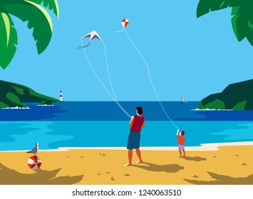 Kiting on sea beach. Leisure fun activity on sand seashore. Colorful cute cartoon. Adult father, small boy son enjoy with flying kites. Summer family vacation. Ocean seascape scenic background - Powered by Shutterstock