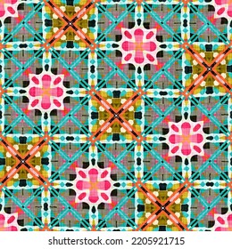 Kitsch Pattern Geometric Retro Design In Seamless Background. Trendy Modern Boho Geo In Vibrant Colorful Graphic Illustration. Repeat Tile For Patchwork Effect Swatch.