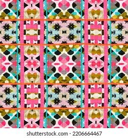 Kitsch Pattern Geometric Retro Design In Seamless Background. Trendy Modern Boho Geo In Vibrant Colorful Graphic Illustration. Repeat Tile For Patchwork Effect Swatch.