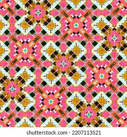 Kitsch Pattern Geometric Retro Design In Seamless Background. Trendy Modern Boho Geo In Vibrant Colorful Graphic Illustration. Repeat Tile For Patchwork Effect Swatch.