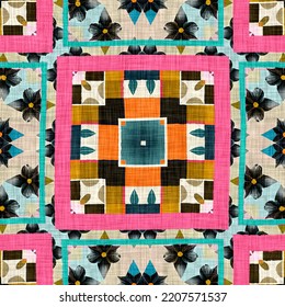 Kitsch Pattern Geometric Retro Design In Seamless Background. Trendy Modern Boho Geo In Vibrant Colorful Graphic Illustration. Repeat Tile For Patchwork Effect Swatch.