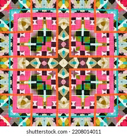 Kitsch Pattern Geometric Retro Design In Seamless Background. Trendy Modern Boho Geo In Vibrant Colorful Graphic Illustration. Repeat Tile For Patchwork Effect Swatch.