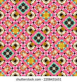 Kitsch Pattern Geometric Retro Design In Seamless Background. Trendy Modern Boho Geo In Vibrant Colorful Graphic Illustration. Repeat Tile For Patchwork Effect Swatch.