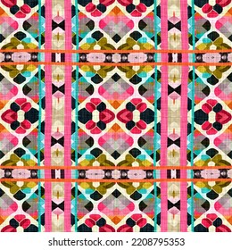 Kitsch Pattern Geometric Retro Design In Seamless Background. Trendy Modern Boho Geo In Vibrant Colorful Graphic Illustration. Repeat Tile For Patchwork Effect Swatch.