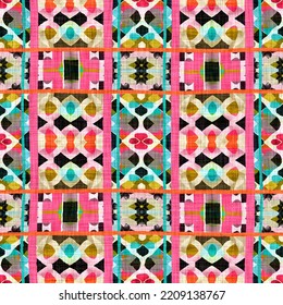 Kitsch Pattern Geometric Retro Design In Seamless Background. Trendy Modern Boho Geo In Vibrant Colorful Graphic Illustration. Repeat Tile For Patchwork Effect Swatch.