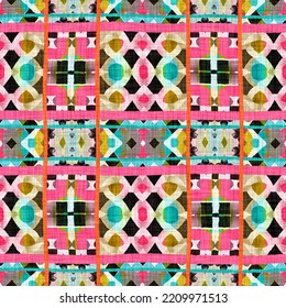 Kitsch Pattern Geometric Retro Design In Seamless Background. Trendy Modern Boho Geo In Vibrant Colorful Graphic Illustration. Repeat Tile For Patchwork Effect Swatch.