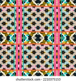 Kitsch Pattern Geometric Retro Design In Seamless Background. Trendy Modern Boho Geo In Vibrant Colorful Graphic Illustration. Repeat Tile For Patchwork Effect Swatch.