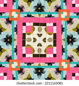 Kitsch Pattern Geometric Retro Design In Seamless Background. Trendy Modern Boho Geo In Vibrant Colorful Graphic Illustration. Repeat Tile For Patchwork Effect Swatch.