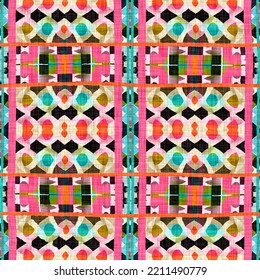 Kitsch Pattern Geometric Retro Design In Seamless Background. Trendy Modern Boho Geo In Vibrant Colorful Graphic Illustration. Repeat Tile For Patchwork Effect Swatch.