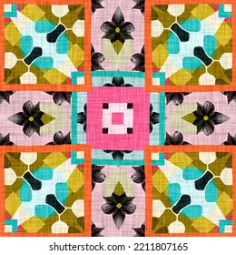 Kitsch Pattern Geometric Retro Design In Seamless Background. Trendy Modern Boho Geo In Vibrant Colorful Graphic Illustration. Repeat Tile For Patchwork Effect Swatch.