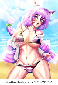 Kitsune girl anime character design in bikini.