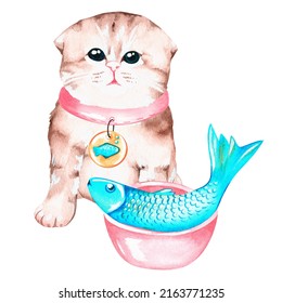 A Kitten And A Big Fish In A Bowl. Watercolor Illustration. Isolated On A White Background. For Your Design Greeting Cards, Baby Products, Veterinary Clinic Advertisements, Stickers, Pet Products