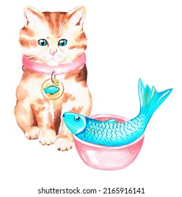 A Kitten And A Big Fish In A Bowl. Watercolor Illustration. Isolated On A White Background. For Your Design Greeting Cards, Baby Products, Veterinary Clinic Advertisements, Stickers, Pet Products