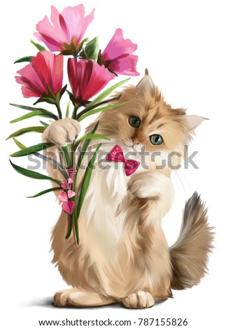 Kitten gave a bouquet of flowers watercolor painting