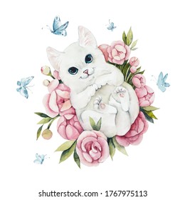 Kitten and roses. Water color painting. Greeting cards. Roses background, watercolor composition. Flower backdrop. Decoration with blooming roses, hand-drawing. Illustration.	
