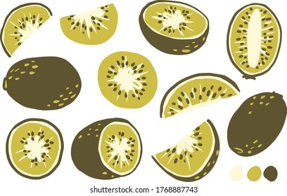 Kiwi, Kiwi Slice, Half Of Kiwi Clipart Set Hand Drawn Childish Flat Style Isolated On White Background.