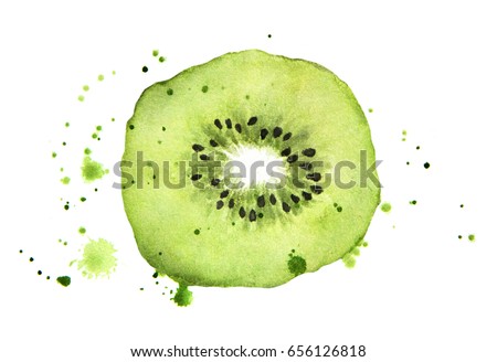 Kiwi slice with splashes isolated on white background. Watercolor food illustration, art painting