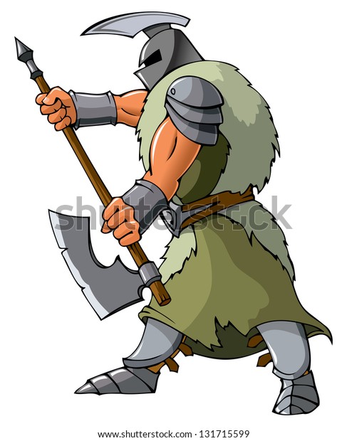 Knight Attacking Axe Hires Raster Vector Stock Illustration