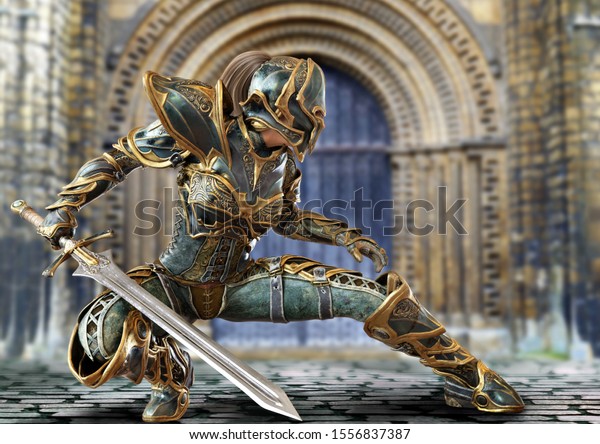 戦闘姿勢で剣でポーズをとる騎士の女将 3dレンダリング のイラスト素材