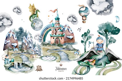 Knight, dragon and castle watercolor illustration. Fabulous mystical story of a knight. Balloon princess, horse and dragon victory. Landscape design for inra in cartoon style