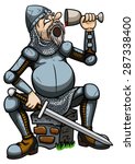 Knight drinking from a goblet. Illustration a cartoon tired knight. He is sitting on a ruin and drinking from a cup