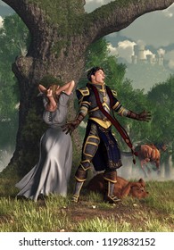 A Knight In Grey Armor Belts Out A Song.  A Rather Bad Singer, His Lady And Dog Both Cover Their Ears, While His Horse Runs Away.  3D Rendering.