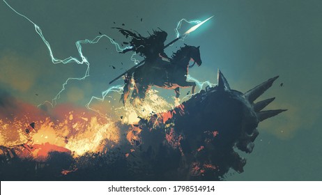 A Knight With His Horse Standing On The Dark Skull Cliff, Digital Art Style, Illustration Painting