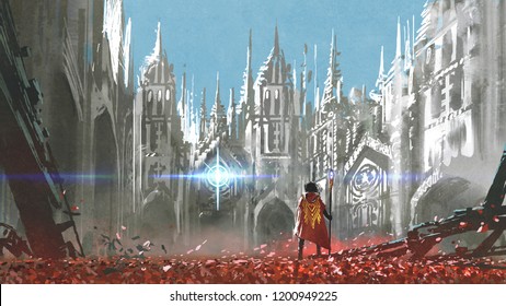 The Knight Looking At Mysterious Light In Gothic Buildings, Digital Art Style, Illustration Painting