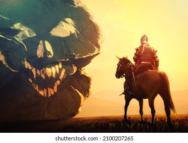 Knight on the horse ahead of big rock with death symbol. Mystical rider by the sunset. Digital painting and photobashing illustration.