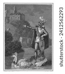 Knight on a shell pulled by two swans, Philippus Velijn, after A. Elink Sterk jr., 1828 A man in armor stands on a shell pulled by two swans. He extends his arm in front of him.