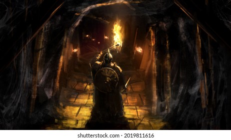 A knight in plate armor, a helmet with a sword and a shield holds a burning torch in his hand, standing at the entrance to a sinister dungeon , steps lead to the dark depths of the cave. 2d art