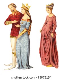 Knight With Queen And Belgium Woman (Late Middle Ages) / Vintage Illustration From Meyers Konversations-Lexikon 1897