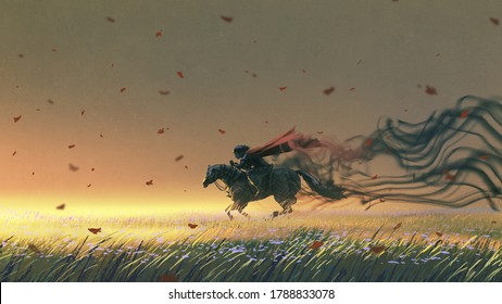 knight riding a horse running in the meadow, digital art style, illustration painting