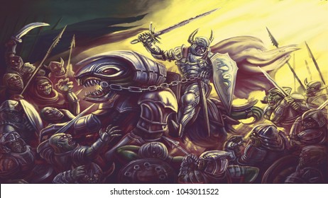 Knight is riding a sword on a dragon. Colourful picture in the genre of fantasy.