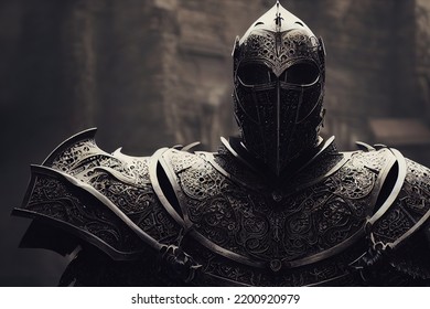 Knight in shining armor. Medieval 3D render. Epic warrior. Fantasy swordman. Middle age soldier with plated armor. Fantasy illustration.